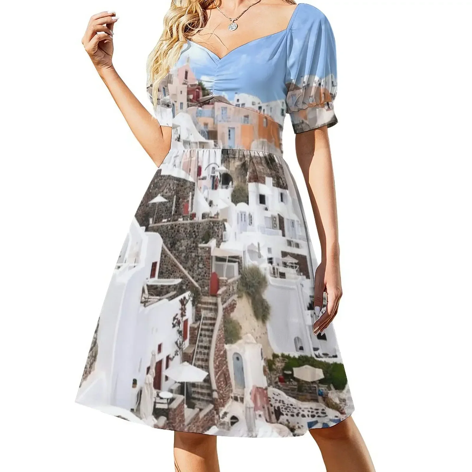 

Santorini Greece, Oia Photography Short-Sleeved Dress evening dresses ladies dresses for woman 2025 Dress