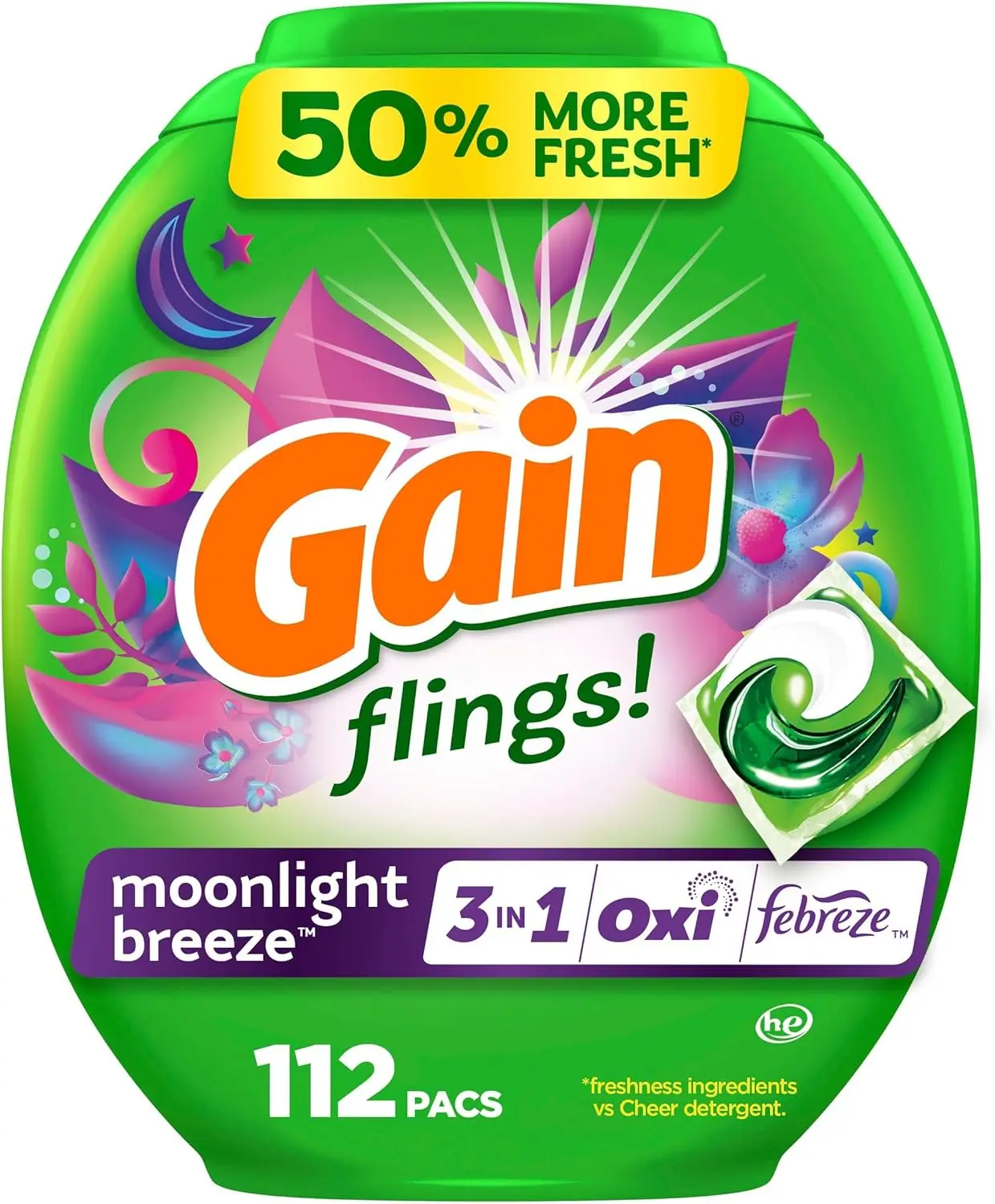 

112-Count Moonlight Breeze Scent Laundry Detergent Pacs, 3-in-1 HE with Oxi Boost and Febreeze for Fresh Clean