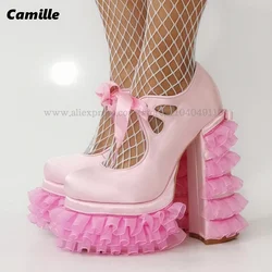 Pink Laciness Front Lace Up Thick Sole Lolita Pumps Mary Jane Size 36-47 All-Match Causal Shoes Silk Platform Sweet Pumps