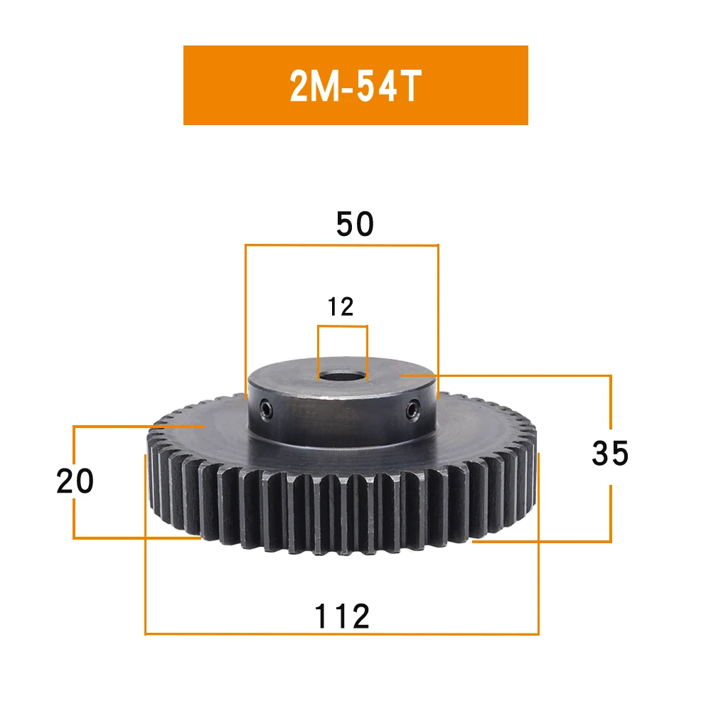 Gear Wheel  2M-54T Bore 12mm Transmission Gear Blackening SC45#Carbon Steel Teeth Height 20mm Total Height 35 mm 2M54T 54 Teeth