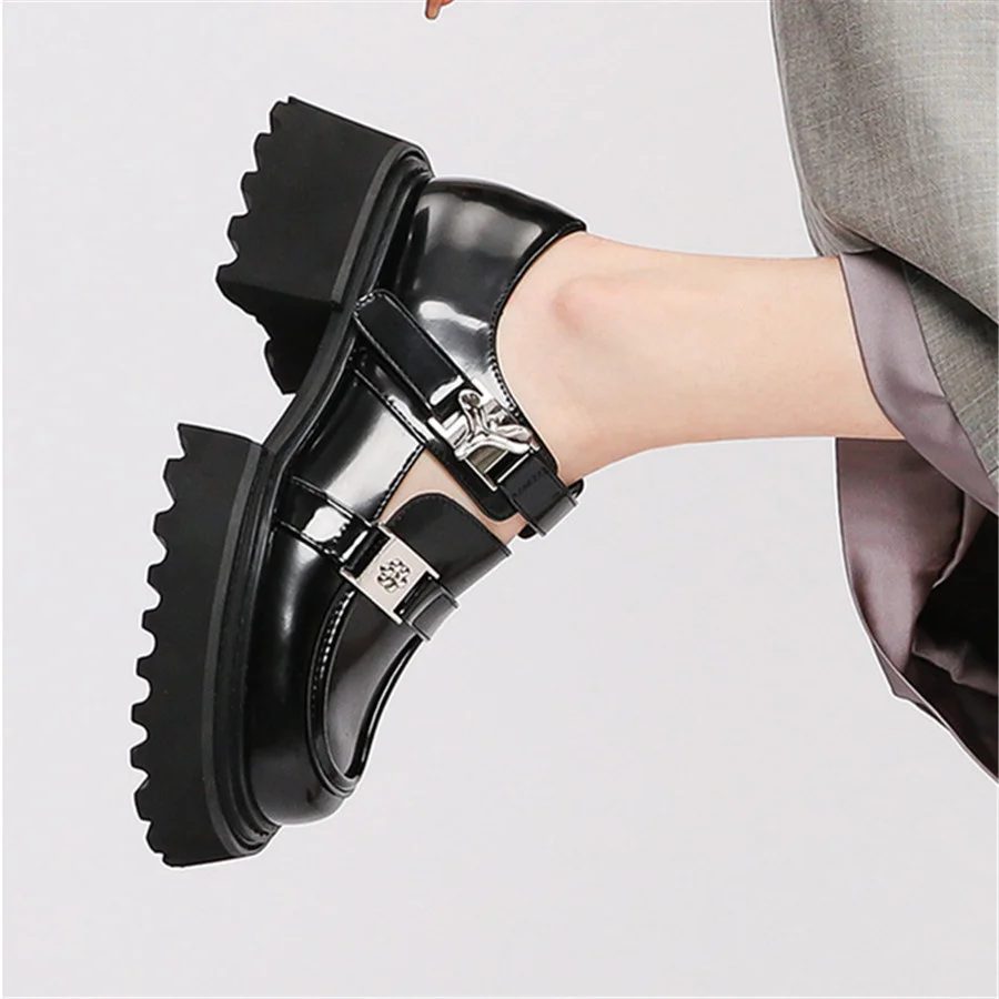 2024 New Women Pumps Thick Sole Platform Shoes Ladies Chunky High Heels Mary Janes Black Leather Loafers Creepers