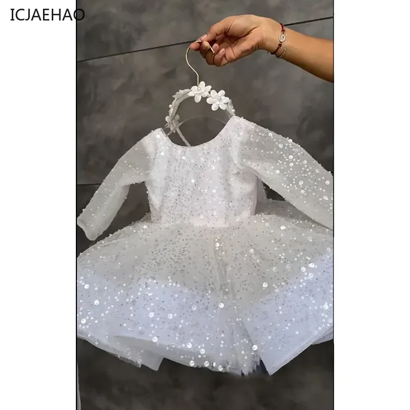 Girls Sparkly Sequin Princess Dress Puffy Tulle 2025 White Long Sleeve Birthday Party Gown Kids Formal Dresses Children Clothes