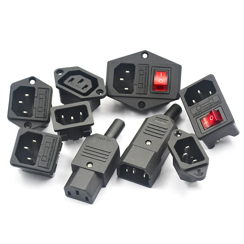 3 Pin IEC320 C14 C15 Electrical Socket LED 250V Rocker Switch Brass 10A Fuse Female Male Inlet Plug Pin Connector Computer Mount