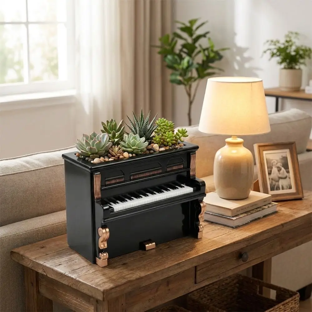 Creative Retro Style Piano Flower Pot Gold Trim Decorative Piano Shaped Pen Holder Unique Piano Ornament Home Decor