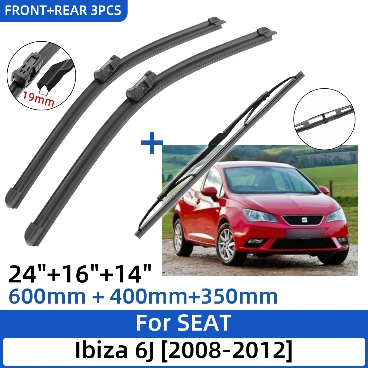 

3PCS Ibiza 6J 2008-2012 24"+16"+14" Front Rear Wiper Blades Windshield Windscreen Window Cutter Accessories 2011 2012