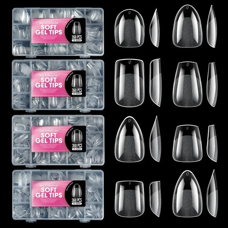 360Pcs Clear Short Almond Soft Nail Extension Tips 15 Sizes Matte Full Cover DIY Nail Art Professional Salon Press On Nails