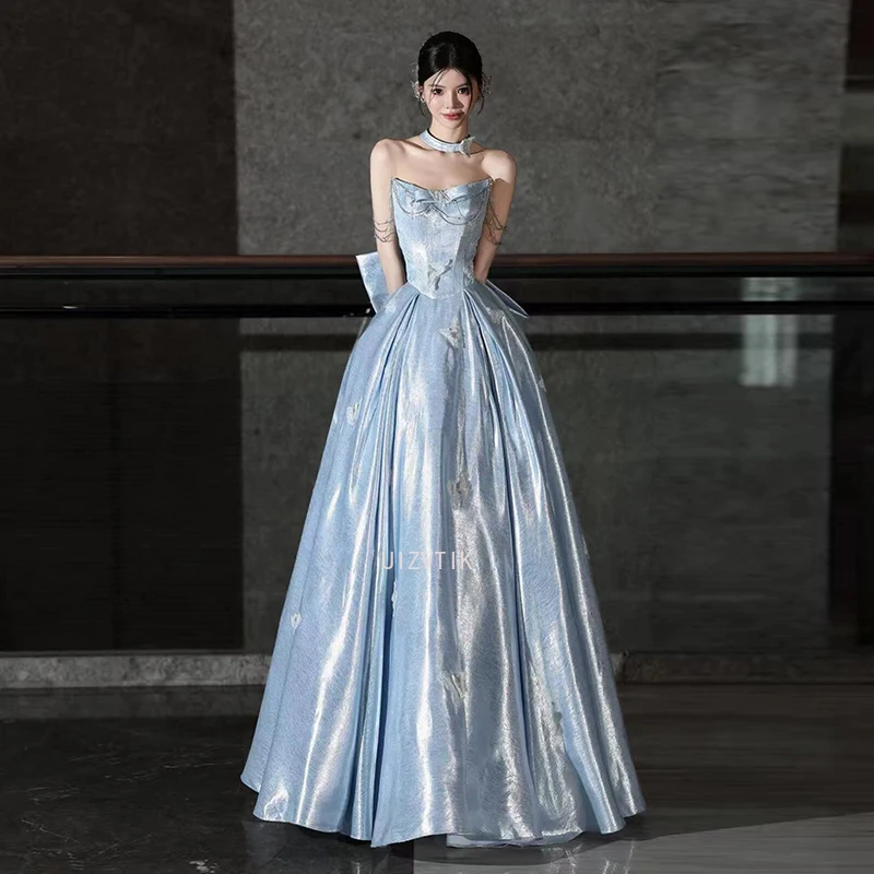 

Blue Women Princess Prom Dresses Luxury Strapless Glossy Satin Off-Shoulder Banquet Dress Sleeveless Party Dress Customized