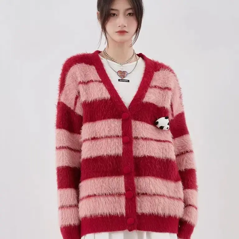 

2025 Autumn and Winter New Korean Striped V-Neck Sweater Jacket for Women, Loose and Lazy Style Knitted Cardigan