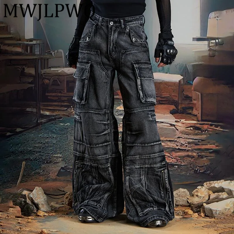 

MWJLPWQ мужские деконструированные лоскутные свободные прямые джинсы High Street Cut с несколькими карманами унисекс винтажные потертые брюки-карго 11933