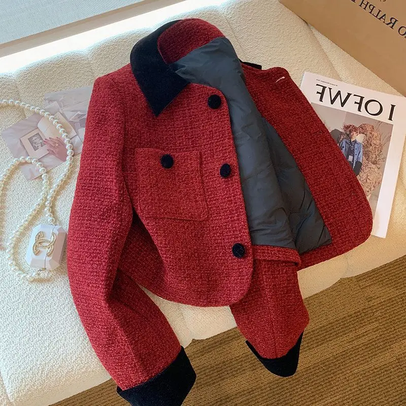 

Women's short style small fragrance jacket, spring high-end feeling, red lapel, new French short top jacket