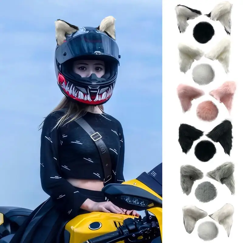 1 Set Motorcycle Helmet Plush Cat Ears Tail Bells Motocross Off Road Helmet Deco Cute Accessories Sticker Cosplay Auto Styling