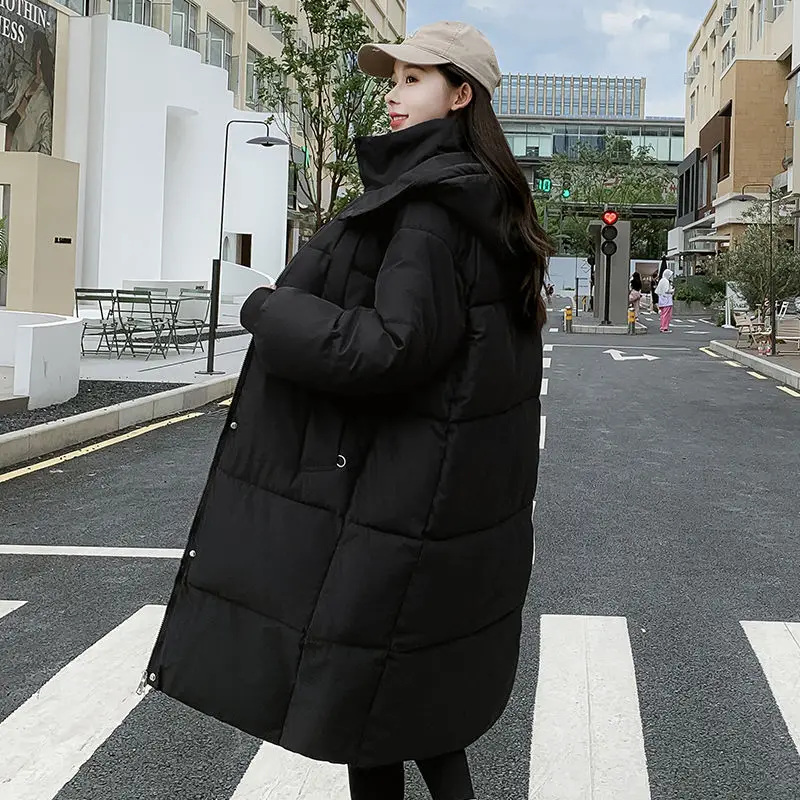 

New Women's Down Cotton Coat Winter Cold Warm Padded Jacket Long Female Casual Hooded Parker Cotton Clothes Black