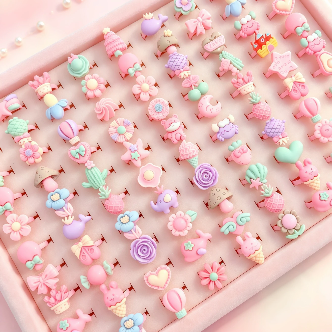 24/36/48/68/100/200Pieces Cute Colorful Resin Open Rings Set For Children Girls Mix Style Flower Animal Fruit Jewelry Party Gift