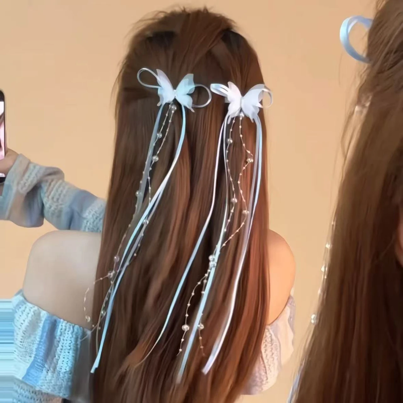 

2Pc/set Sweet Long Ribbon Hair Clips Butterfly Tassel Braided Barrettes Pearl Chain Headdress Girl Kids Star Hairpins Headpieces