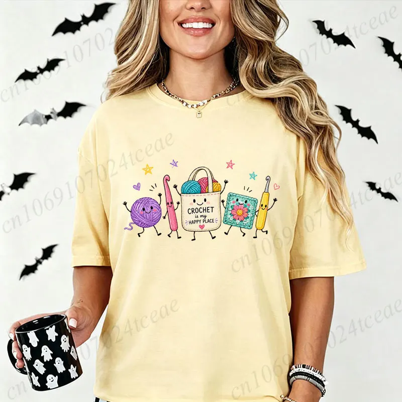 Women's Crochet Is My Happy Place Graphic T Shirt Cute Cartoon Yarn Crochet Hook Print Tees Casual Tops Gift for Crochet Lover