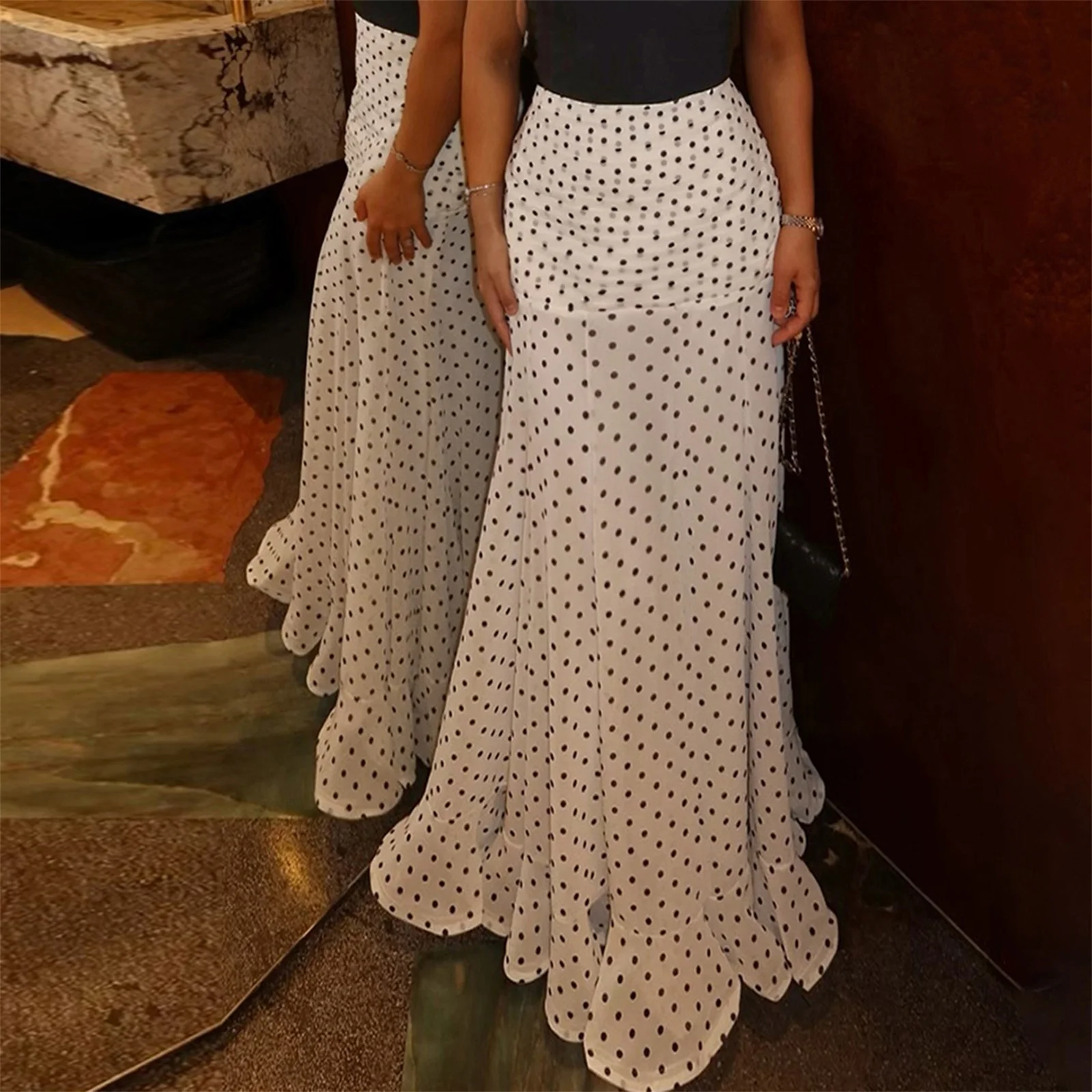 2000s Women's Dot Print Long Skirts Elegant High Waist Fishtail Hem Flowy A-Line Skirts Ropa Paja Mujer