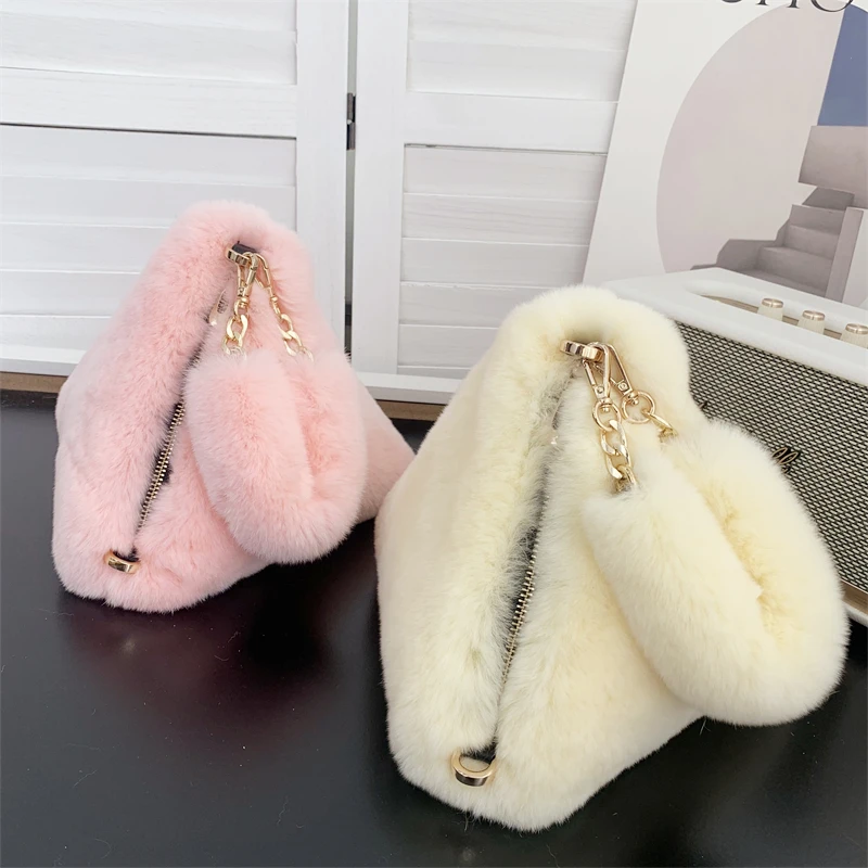 Autumn Winter New Fur Handbags Real Rex Fur Rabbit Fur Plush Triangle Bag