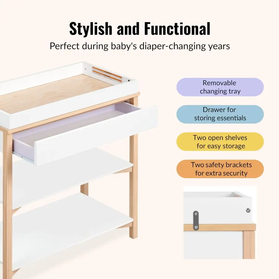 طاولة تغيير الأطفال On Me Owen، صينية تغيير قابلة للإزالة، درج تخزين علوي واسع، رفان مفتوحتان، دعامات أمان، JPMA Ce