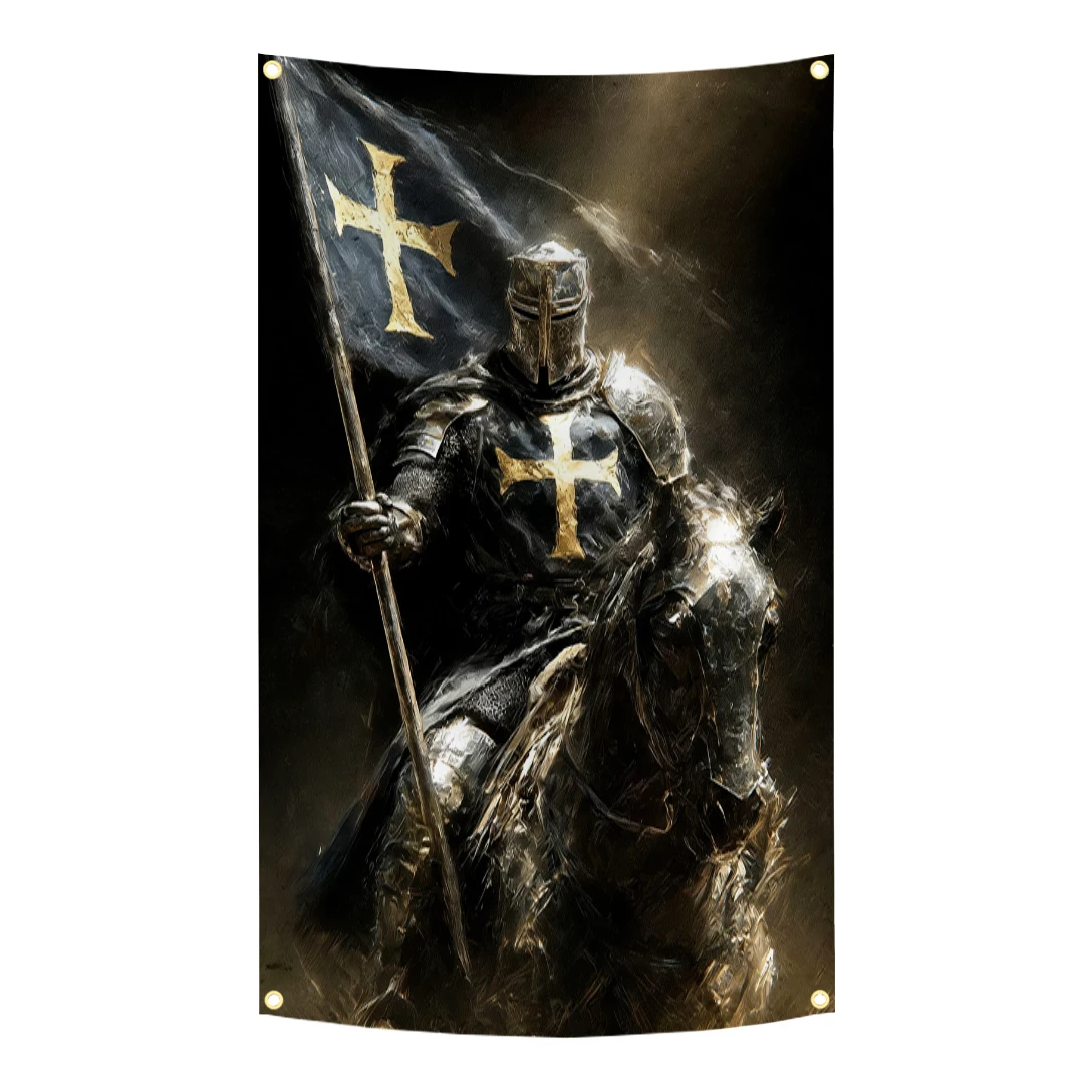Knights Templar Crusader Knight On Horse Flag  Polyester Outdoor Banner  For Garage Man Cave Decor