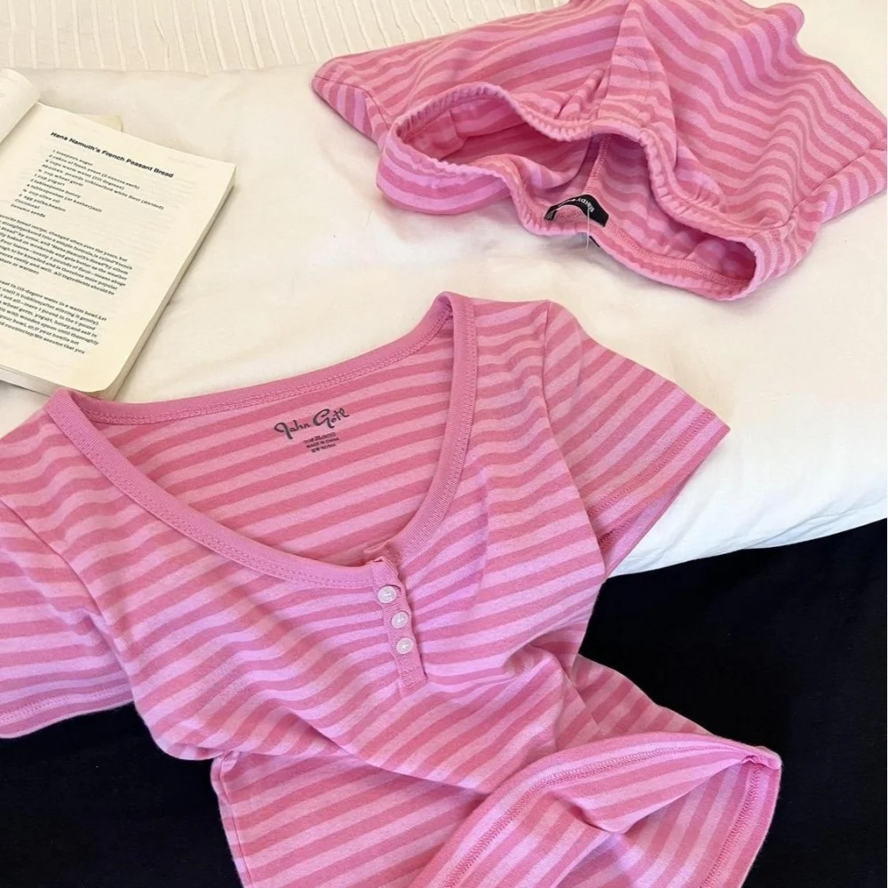 Pink Striped Short Sleeve T-shirt Shorts Set Women's Summer Camisole Suit Casual Cute Pajama Home Outfit Matching Two Piece Set view 5