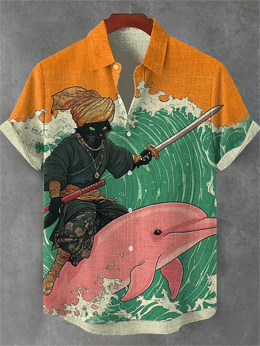 고양이와 파란 물고기가 프린트된 남성용 반팔 셔츠, 칼라 디자인, 캐주얼 남성용 상의, 야외 해변 하와이안 셔츠.
