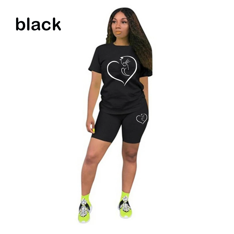 Casual Two-Piece Set for Women, Monochrome Tracksuit, Short Sleeve Tee Top, Biker Shorts, Above Knee Pants Suit, Outfits