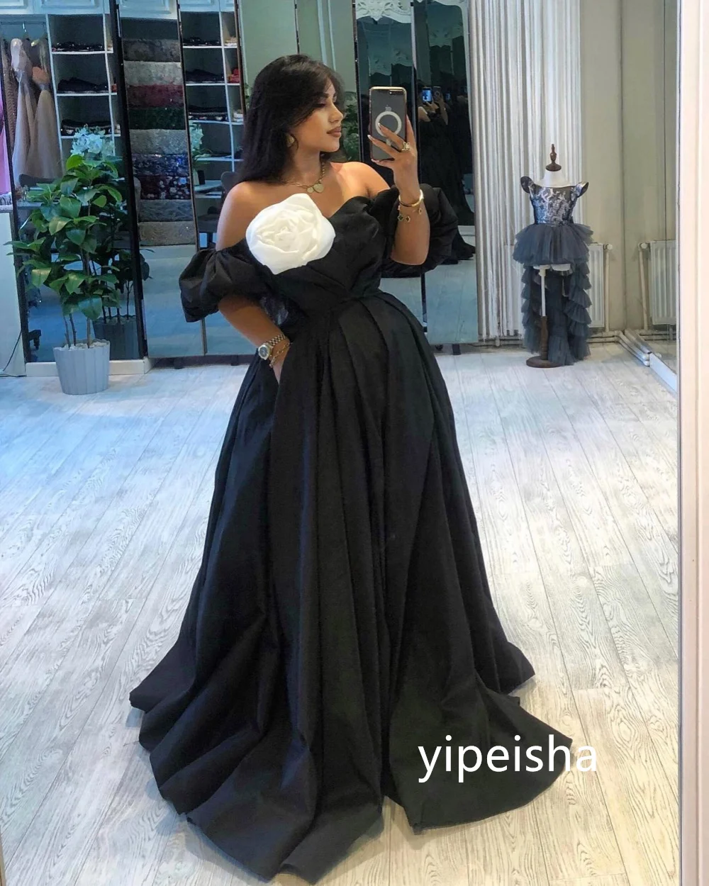 Customized Intricate Jersey A-line Flower Off-the-shoulder Long Dresses Prom Dresses Classic Exquisite Modern Style Pastrol  Chi