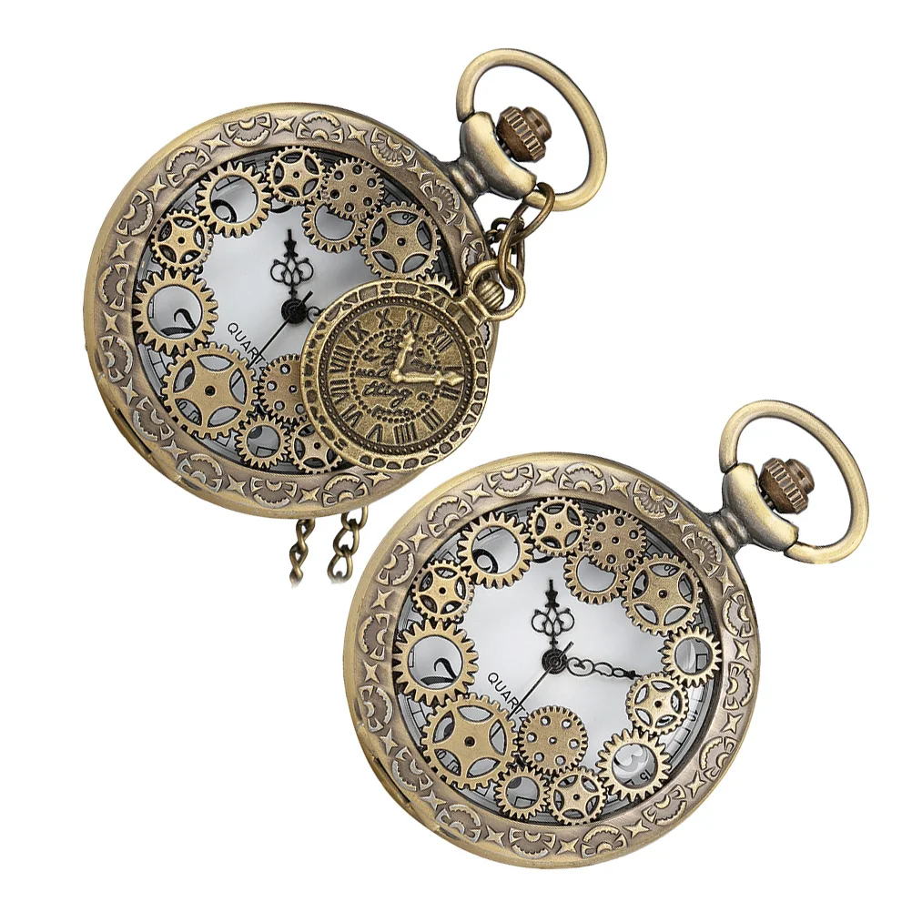 빈티지 포켓 워치 2개 세트, 속이 비치는 기어 디자인, 로마 숫자 다이얼 액세서리, 클래식한 휴대용 시계, 가볍고 휴대하기 쉬운 여성용 선물