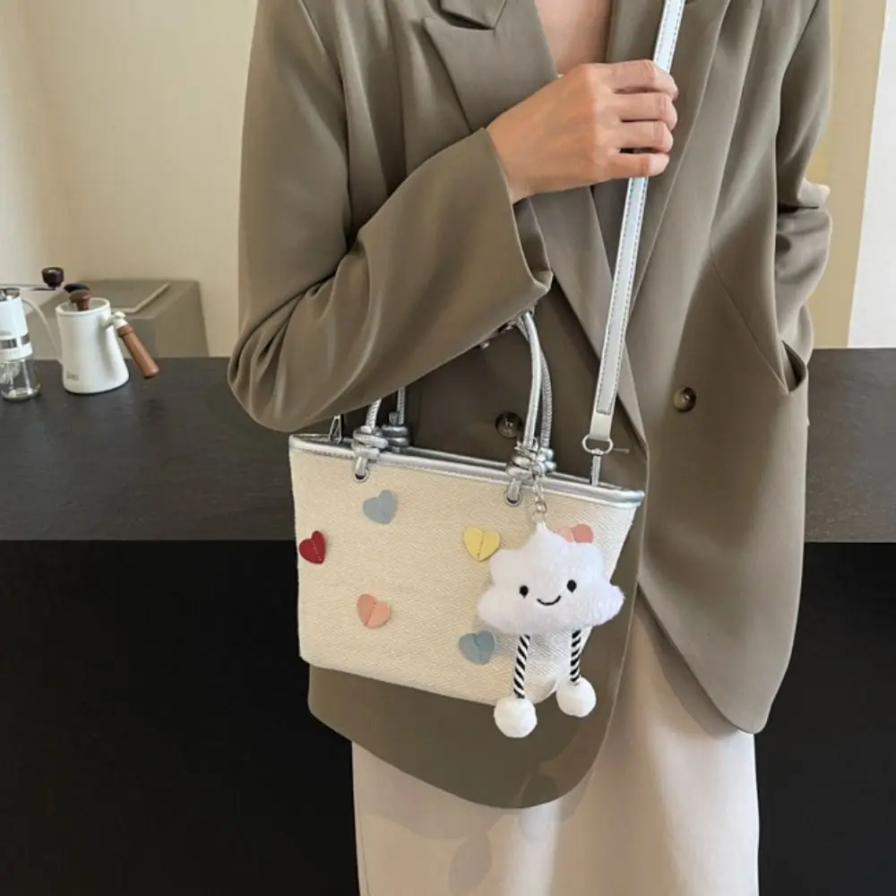 Portable Korean Style Nylon Shoulder Bag Heart Decorate with Pendant Summer Bucket Bag Crossboby Bag Luxury Handbag Girls