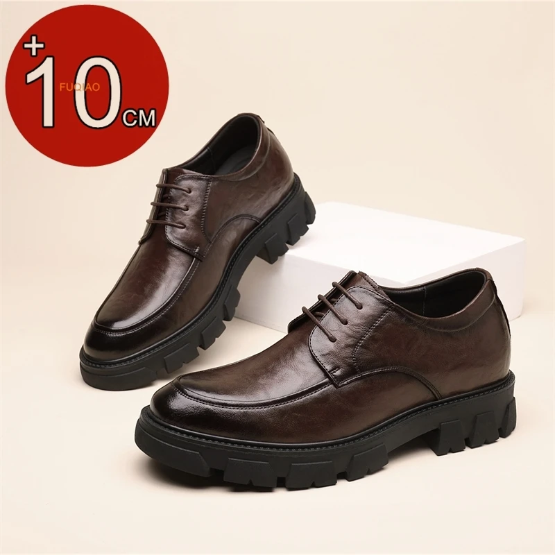 

Men's Thick Sole Genuine Leather Elevator Shoes 8CM/10CM Breathable Height Increasing Formal Wedding Groom Casual Business Shoes