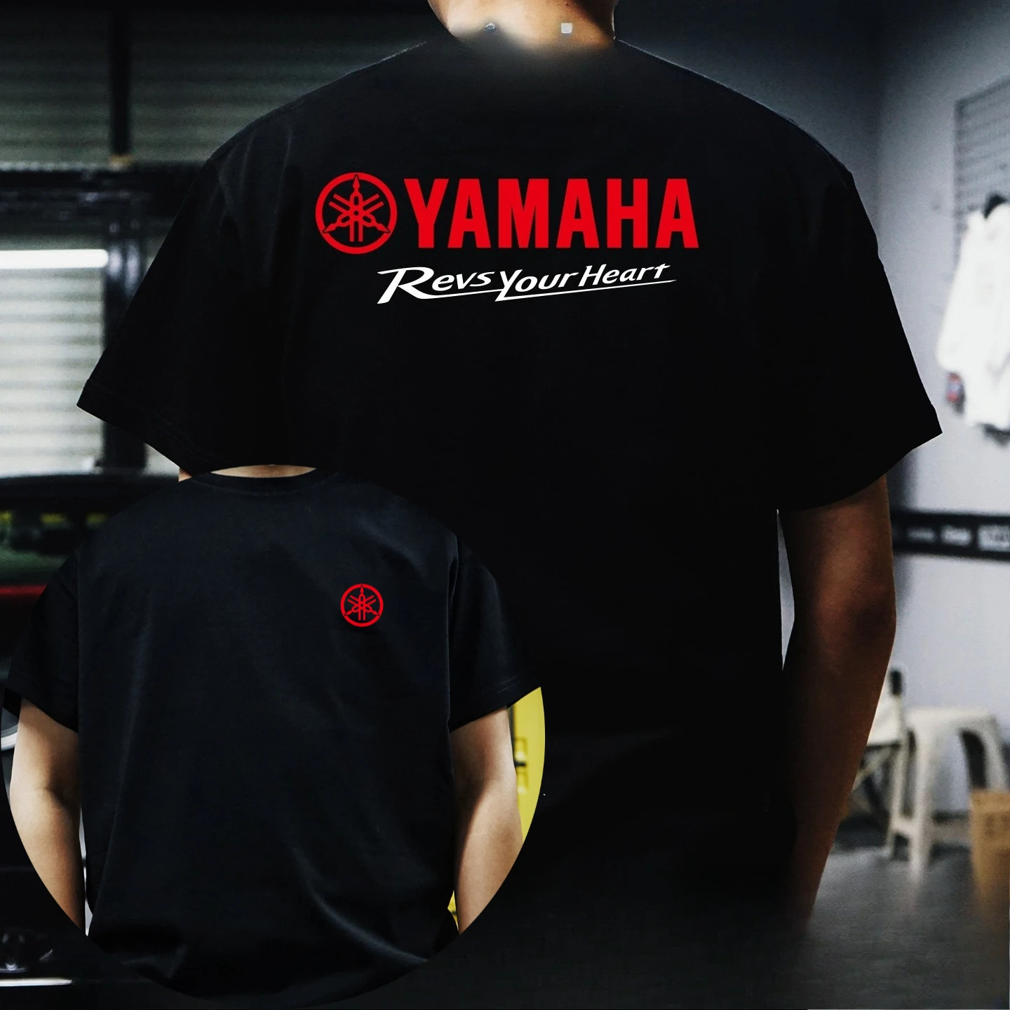 

Yamaha "Revs Your Heart" T-Shirt, Red Tuning Fork Logo Print on Cotton, Casual Tee for Motorcycle Enthusiasts & Yamaha Bike Fans