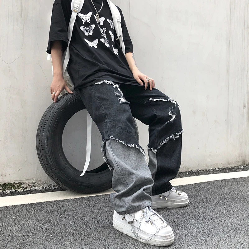 

American Tassel Color Blo Wide Leg Cool High Street Harajuku Loose Frayed Straight Leg Men's Jeans Trendy Brand INS