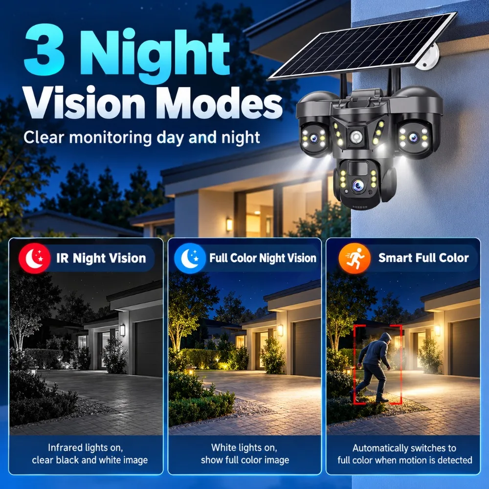 6MP 24/7 Work Wifi Solar Camera Outdoor Protection CCTV 4G 3 Lens 3 Screen Waterproof Auto Tracking Alarm Security Cameras V380