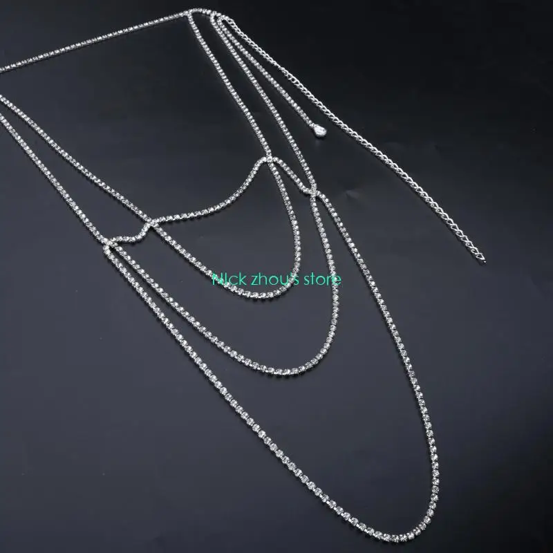 E15E Glitter Tassels Shoulder Chain for Party with Rhinestones Adult Back Chain Necklace Eye-Catching Body Chain Cool Jewelry