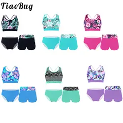 TiaoBug Kids Girls Swimsuit 3Pcs Swimwear Print Crop Tops with Shorts Briefs Bikini Set Beach Pool Water Park Surf Bathing Suits