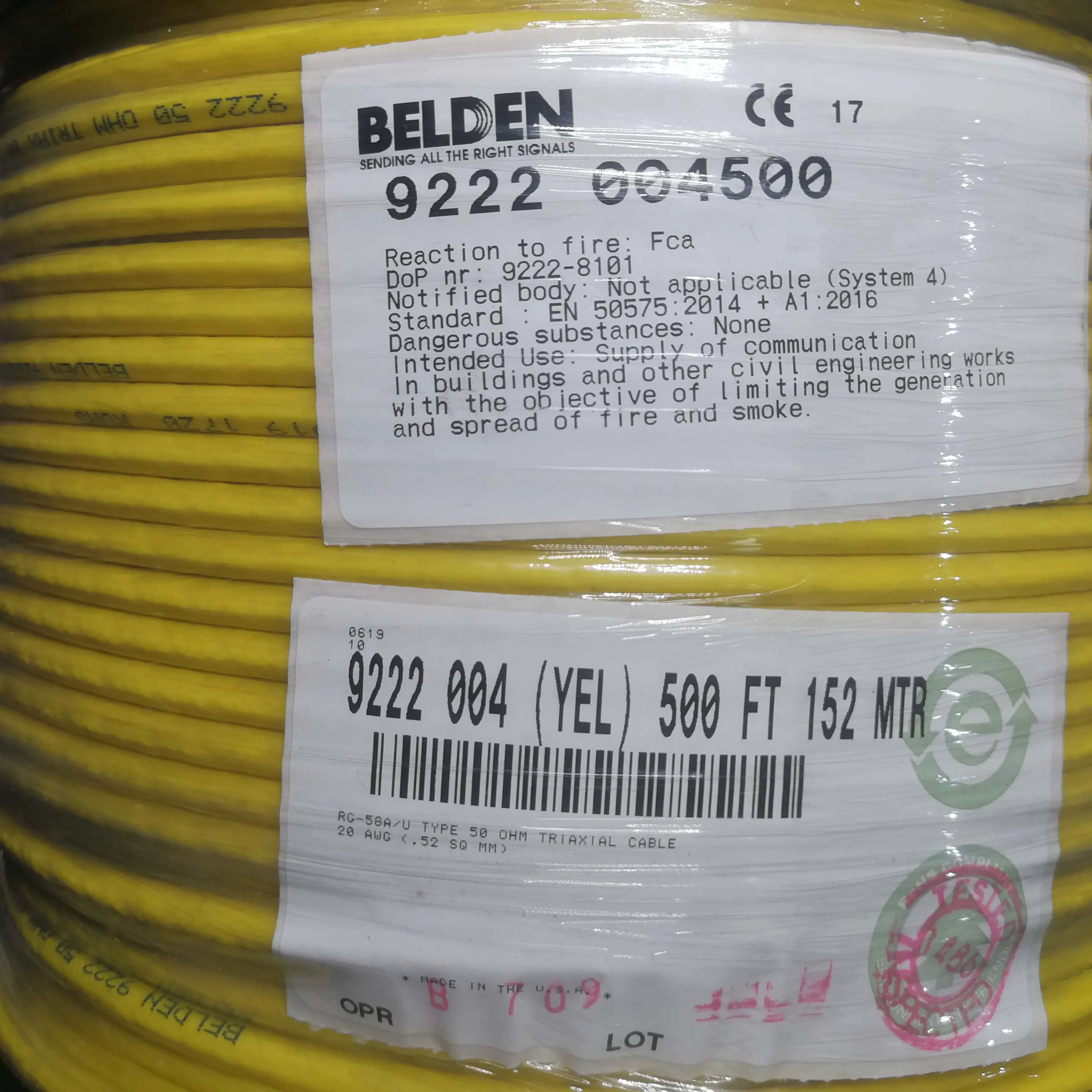 

100% New Original Belden Cable 50 Triax RG-58A/U Type #20 PO TC Braids PVC Jkt BELDEN 9222