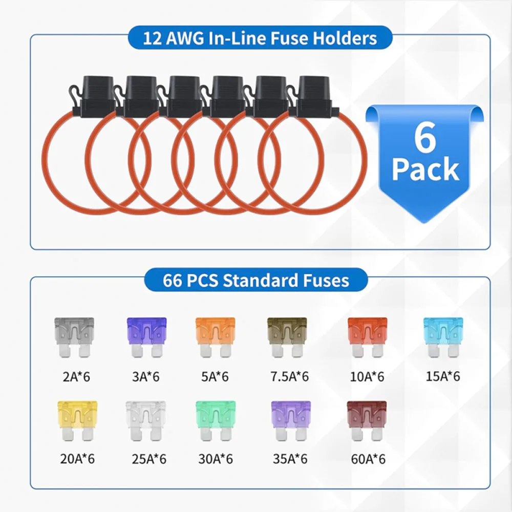 6er-Pack Inline-Sicherungshalter 12 AWG Wasserdichter Sicherungshalter mit 66 Stück Standardsicherungen (2A/3A/5A/7,5A/10A/15A/20A/25A/30A/35A/40A) – Detail 2