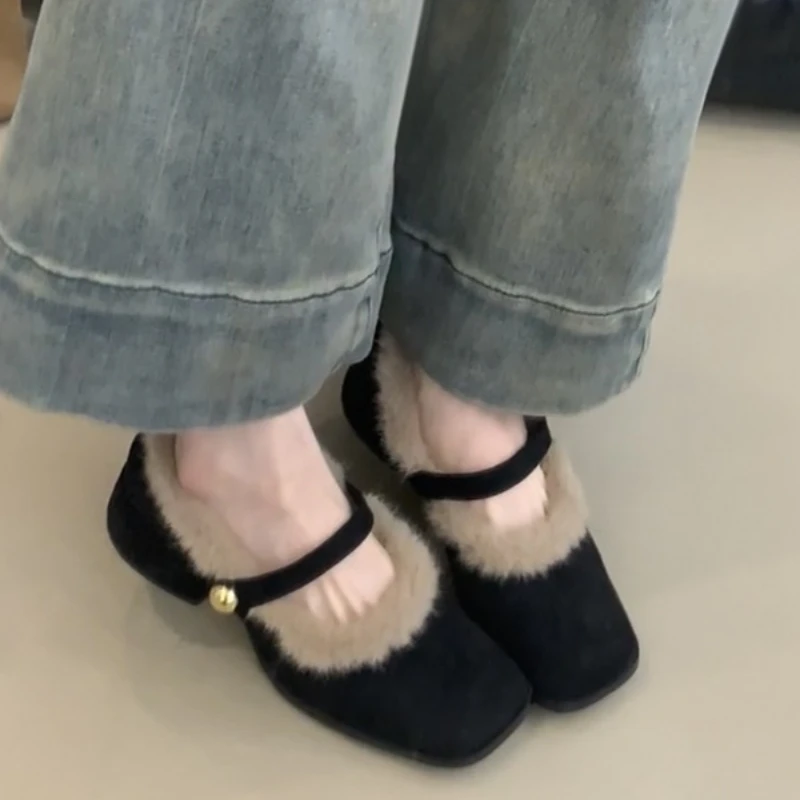 خمر منصة سميكة وحيد المرأة الفراء بطانة ماري جين أحذية موضة الانزلاق على أحذية السيدات فستان كعب سميك أحذية قطنية دافئة