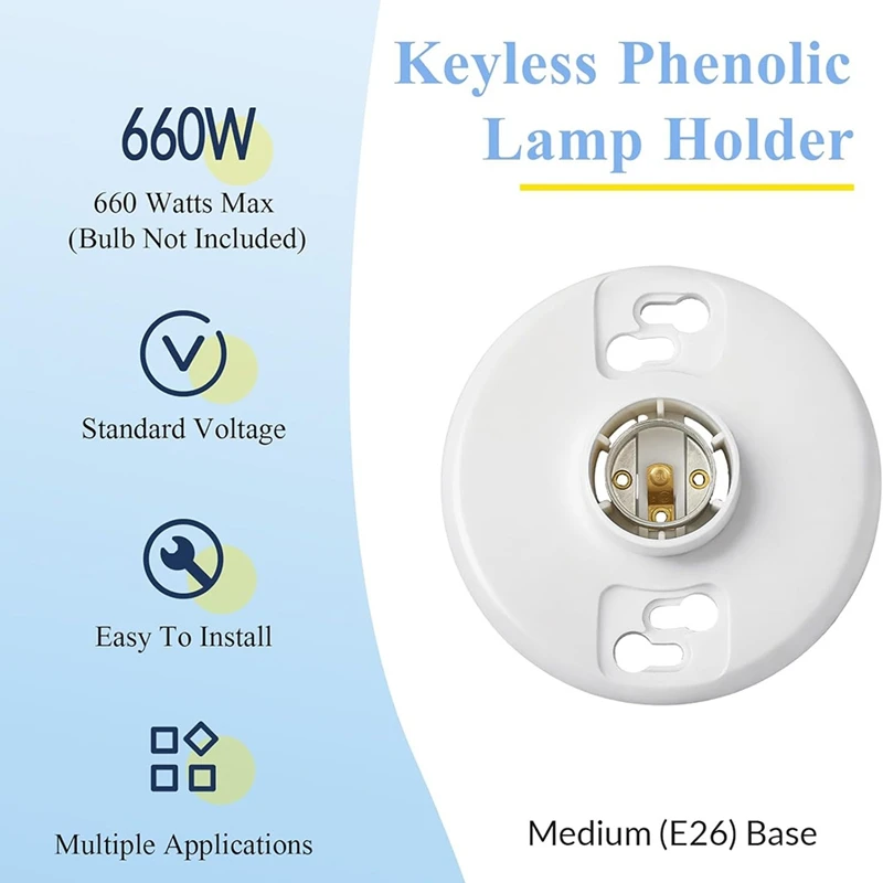 6Pcs Medium Base E26 Lampholder Keyless Top Lamp Holder Ceiling Light Sockets White Phenolic Bulb Socket CFL Lampholder