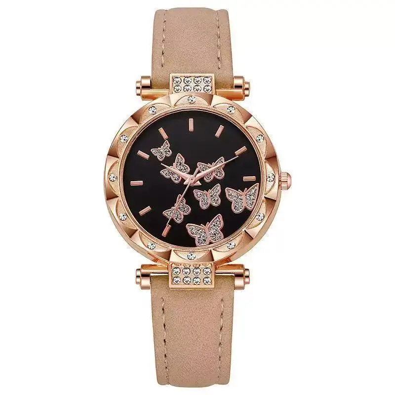 Fashion Diamond Butterfly Women Quartz Watch Studded Leather Strap Stylish Unique Wristwatch for Female Girl Gifts Daily Wear