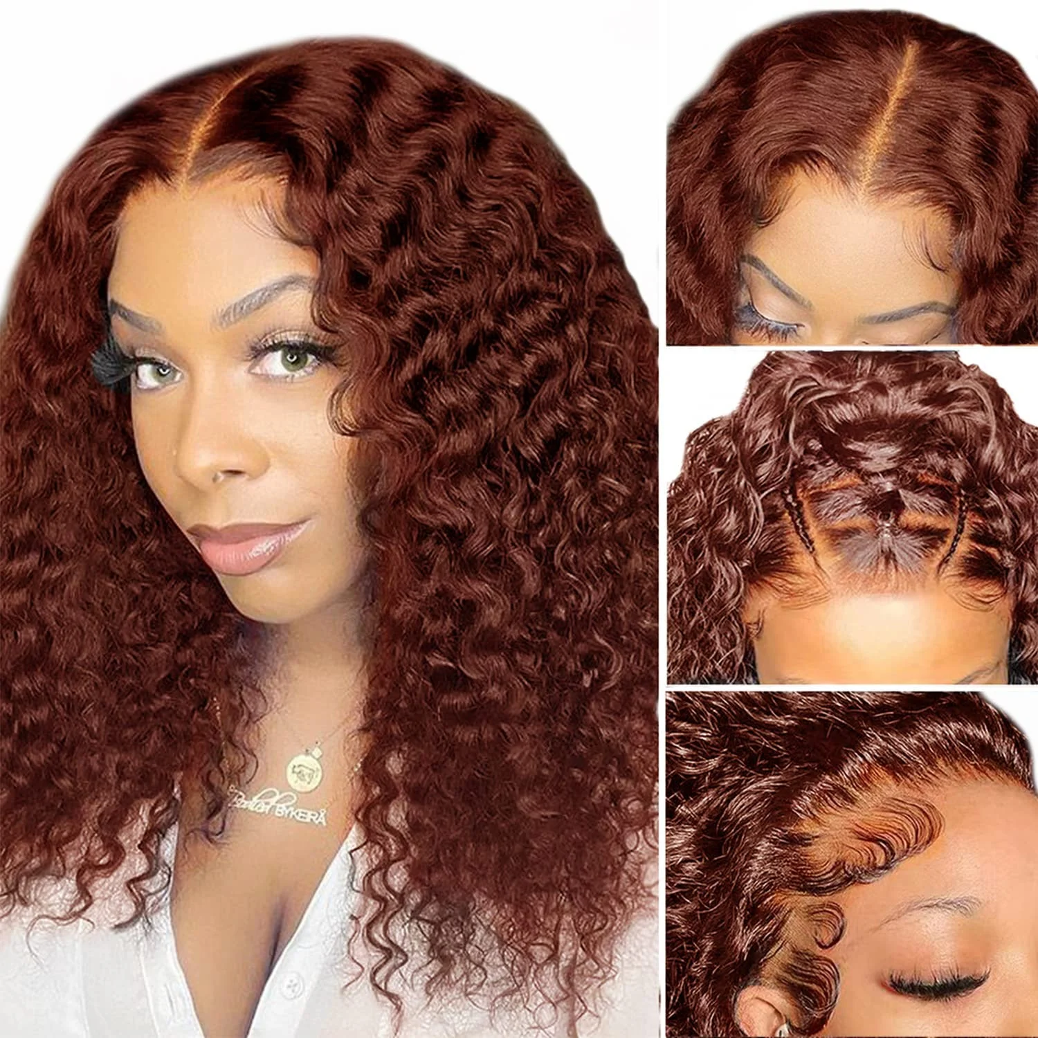 Peruca frontal de renda encaracolada, cabelo humano pré-arrancado, marrom escuro, vermelho cobre, sem cola, HD, marrom avermelhado, 13x4, à venda