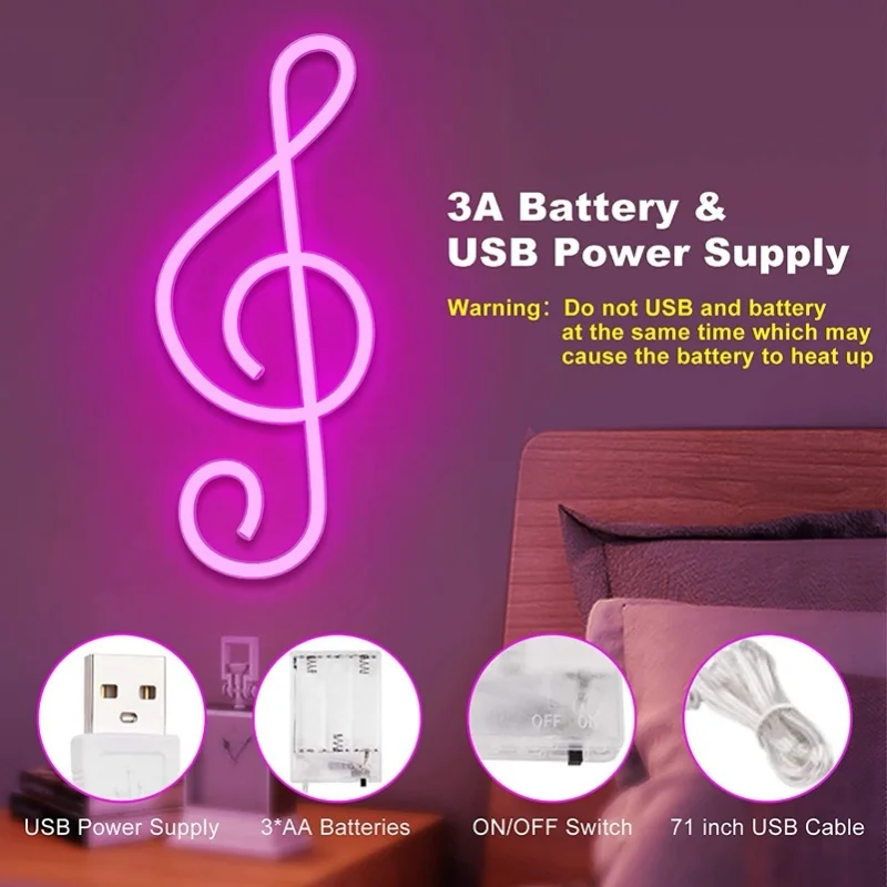 Neon LED w kształcie nuty muzycznej, zasilany przez USB/baterie, do zawieszenia na ścianie, idealny na imprezy domowe.