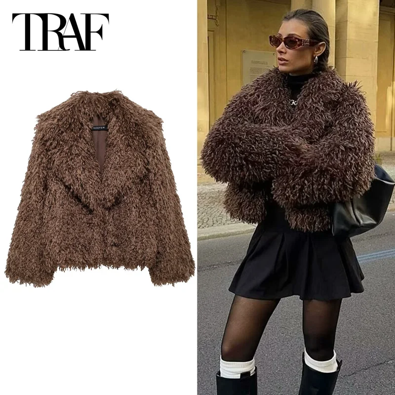 TRAF Plush Teddy Coat Women 2024 Women's Jacket New In Coats & Jackets Crop Brown Outerwears Long Sleeve Coat Warm Winter Coats