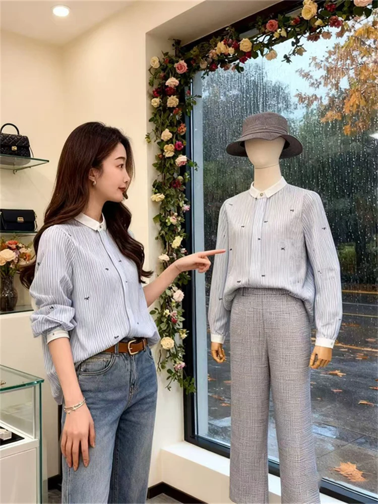 

Корейский дизайн, полосатый уникальный Sle irt, модный весенний новый женский модный топ, длинный све, круглый, повседневная одежда