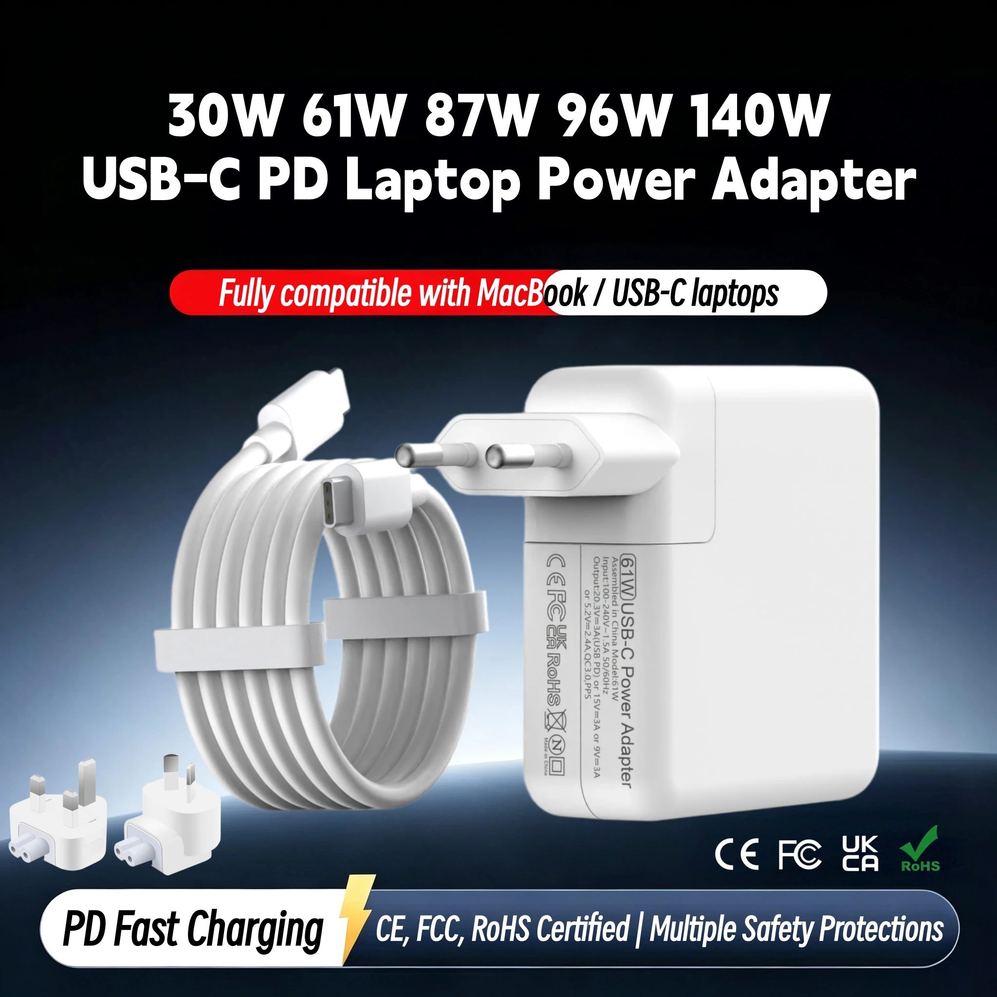 Adaptador de energia USB-C PD de 30W, 61W, 87W, 96W e 140W, carregador rápido compatível com MacBook Air Pro M1, M2, M3, M4 e M5, carregador para portátil com conector tipo C.