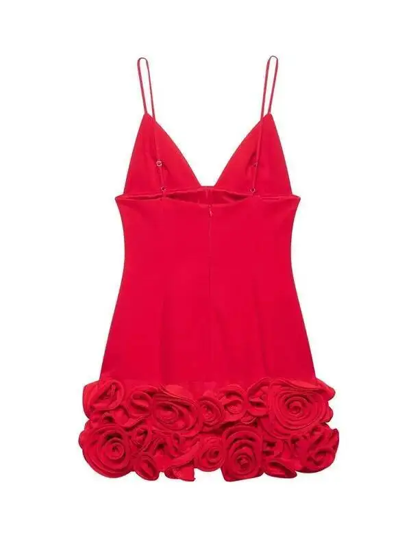 ชุดเดรสสตรีฤดูร้อนใหม่เดรสสั้นสีแดงสายเดี่ยวตกแต่งดอกไม้สามมิติออกแบบทันสมัยและเซ็กซี่ส่วนบุคคล 34O4