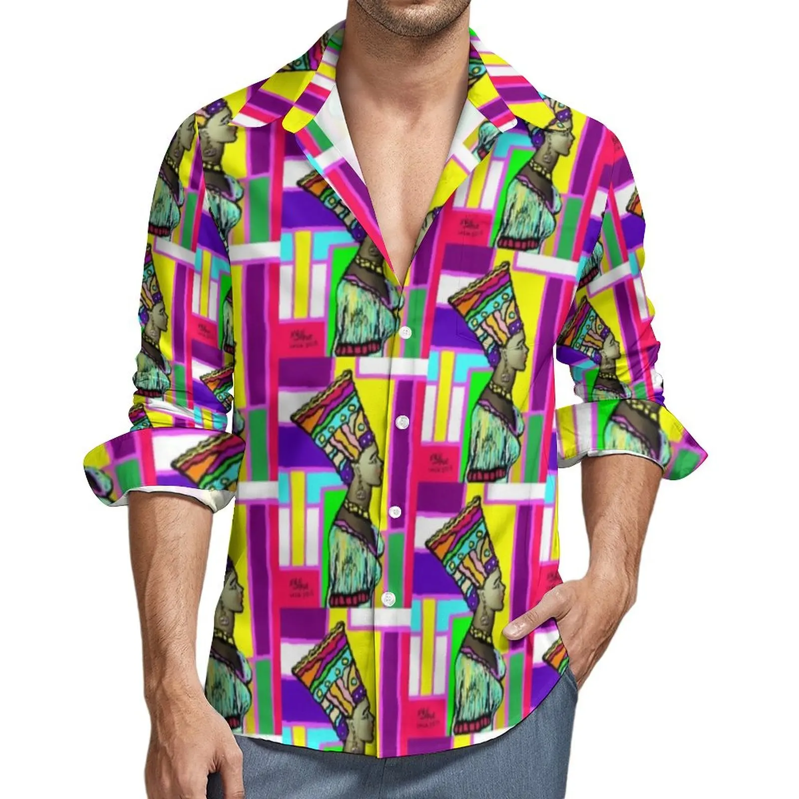 

Queen Nefertiti Casual Shirts Egypt Queen Print Elegant Shirt Spring Street Oversized Blouse Men Long Sleeve Graphic Clothing