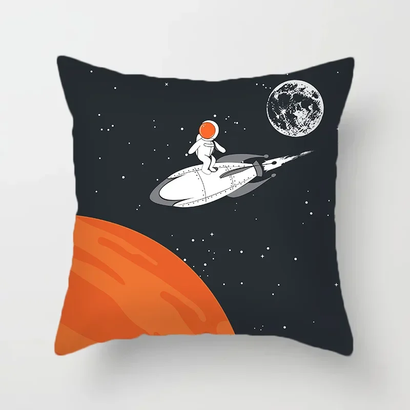 Cartoon astronaut polyester pillowcase black orange pillowcase astronaut moon bicycle cushion cover decorative decoration