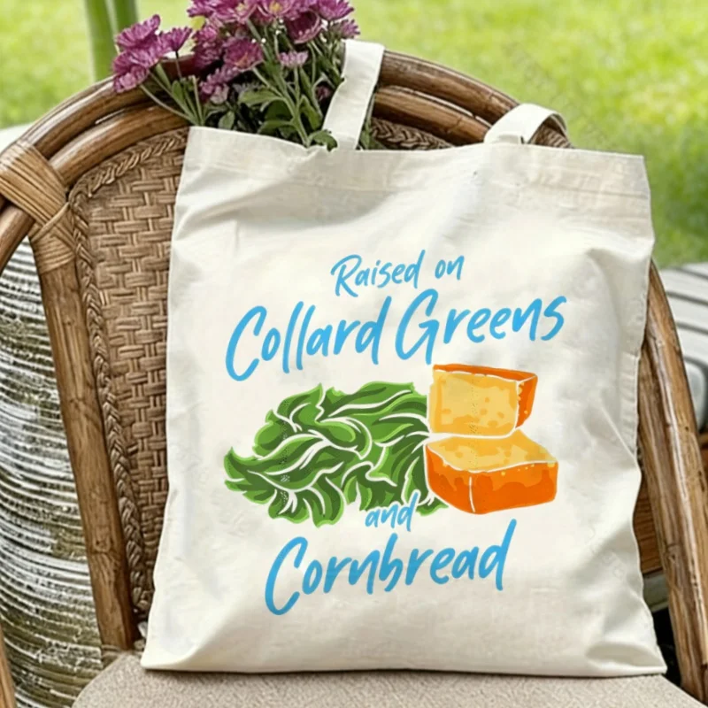 

1PC etro Southern Cuisine Collard Greens & Cornbread Print Canvas Tote Casual Shopper Bag