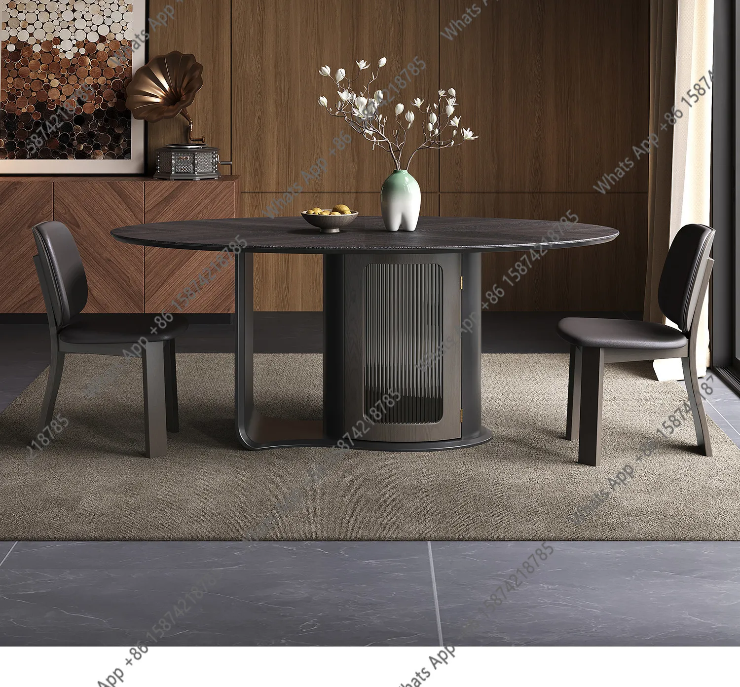 

Italian minimalist tempered glass storage dining table oval designer black home luxury